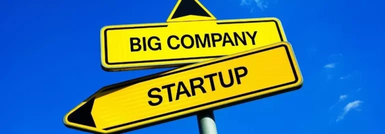 Yellow road signs indicating big company and startup directions.
