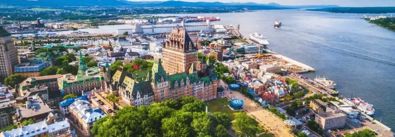 Aerial view of Quebec City with the Château Frontenac and St. Lawrence River.
