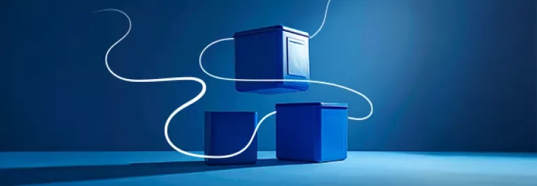 Three blue cubic containers arranged on a blue background, with a white flowing line evoking movement and supply chain dynamics