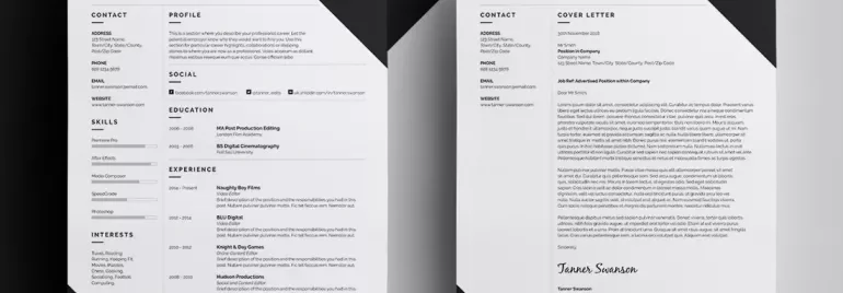 Two-page modern resume and cover letter for a film/video editor named Tanner Swanson.