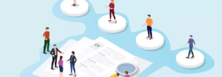 Illustration of people reviewing resumes on floating platforms, magnifying glass over a CV.