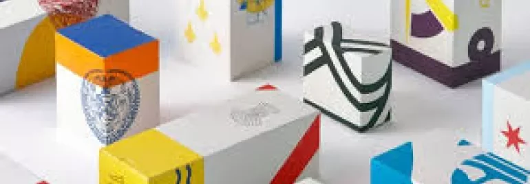 Colorful geometric blocks with various patterns and symbols.