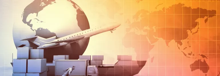 Global logistics concept with plane, ship, and globe.