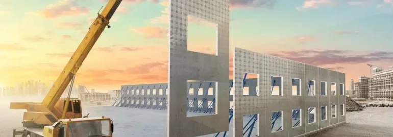 Crane lifting concrete wall at construction site during sunset.