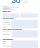 First 30 Days Plan template with sections for goals, priorities, actions, and development needs.