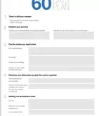 First 60 days plan template with sections for goals and development.