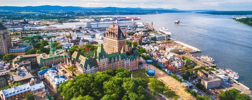 Aerial view of Quebec City with the Château Frontenac and St. Lawrence River.