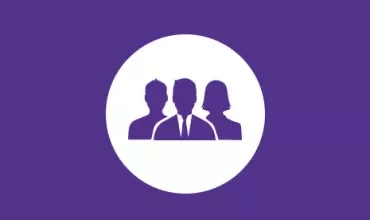 Silhouette of three people inside a circle on a purple background.