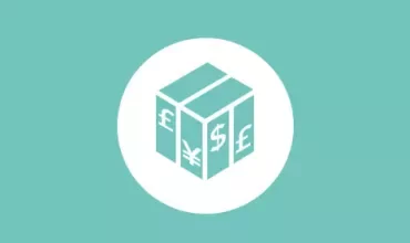 Cube with currency symbols on teal background