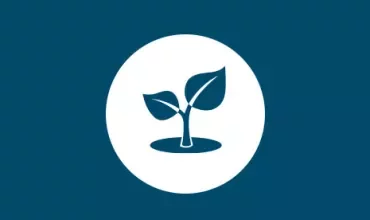 Icon of a sprouting plant with two leaves on a white circle, blue background.