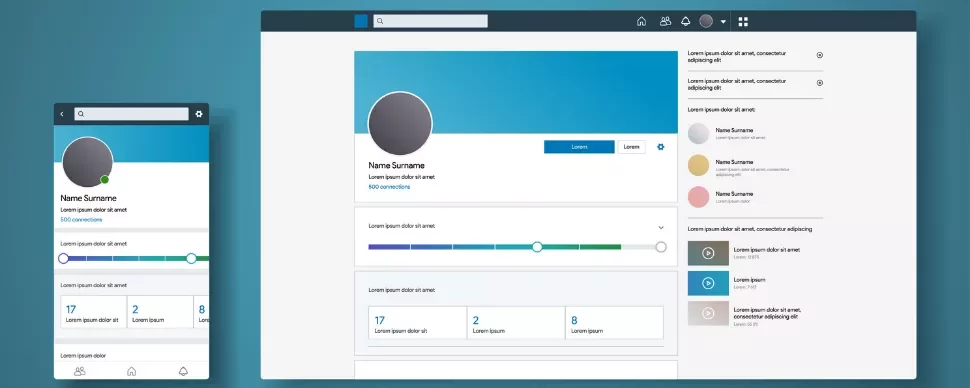 Responsive social media profile layout with a sidebar and main content area on desktop and mobile views.