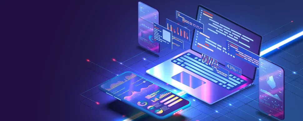 Digital illustration of a laptop and smartphone with data graphs and code.
