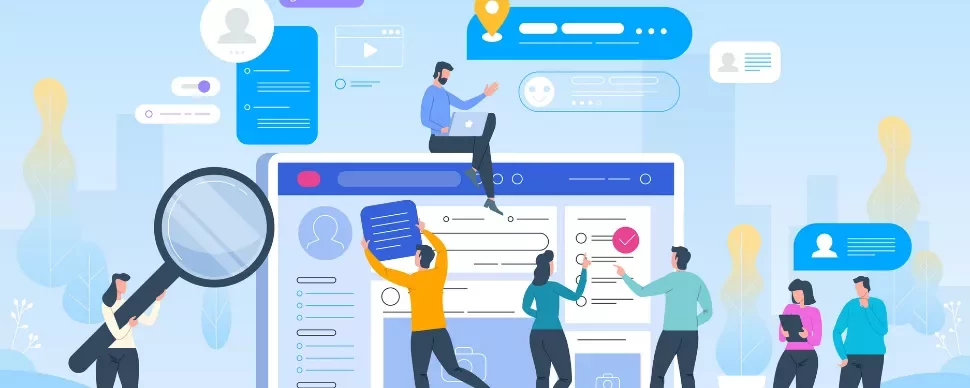 Illustration of people interacting with a large web interface and speech bubbles.