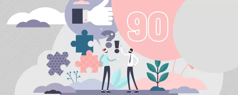 Illustration of two people talking with puzzle pieces and number 90.