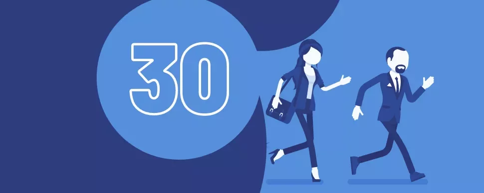 Illustration of a woman and man walking with the number 30 in the background.