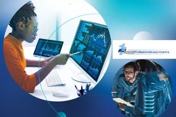 Woman analyzing data on computer screens in office.