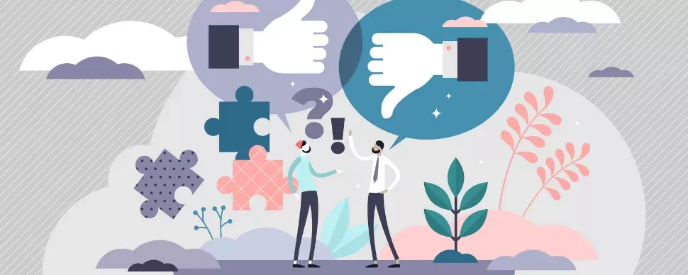 Two people discussing with thumbs up and down symbols, puzzle pieces, and clouds around them.