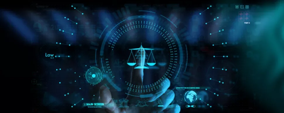 Futuristic digital interface with justice scales hologram.