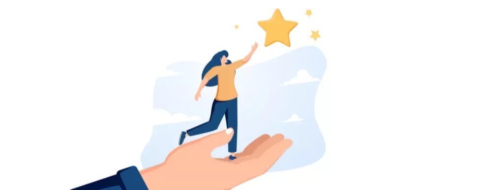 Illustration of a person reaching for a star while standing on a hand.