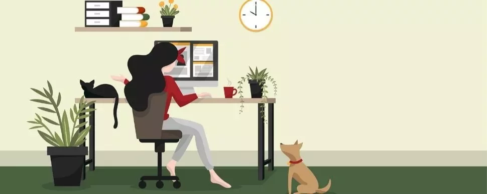 Woman working at a desk with plants, cat, and dog nearby.