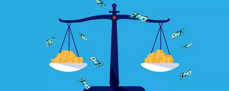 Scales balancing gold coins and floating dollar bills.