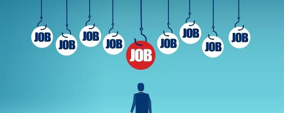 Person looking at job opportunities symbolized by hooks and job signs.