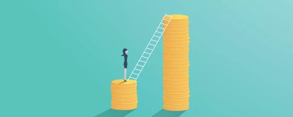 Woman standing on coins with ladder to higher stack.