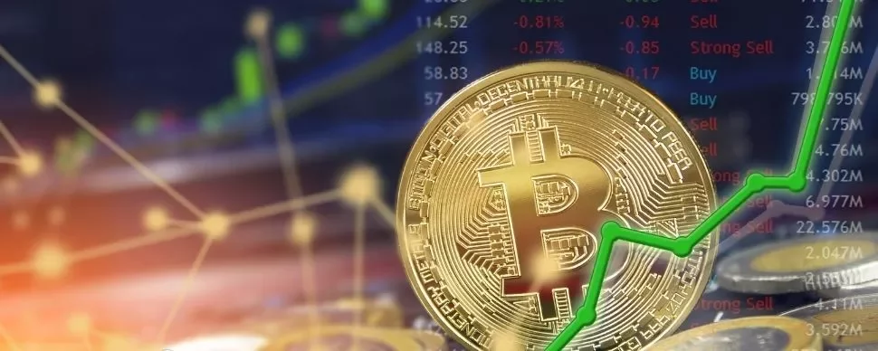 Bitcoin coin with green upward graph line indicating rising value.