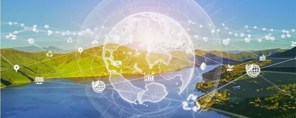 Digital globe overlay on a river and mountains landscape with eco icons.