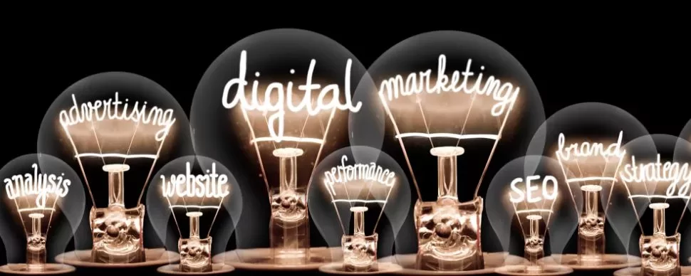 Light bulbs showing words: analysis, advertising, website, digital, marketing, performance, SEO, brand, strategy.