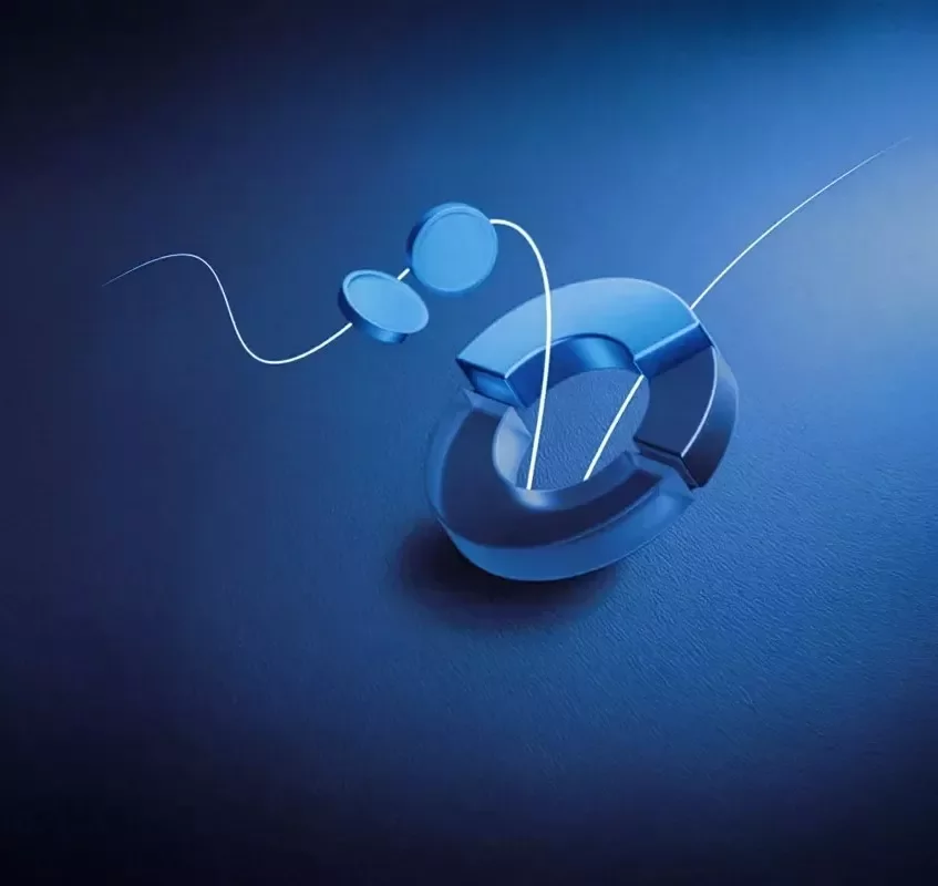 A stylized blue circular financial symbol with coin-like elements, traced by a flowing white line indicating economic movement and financial services