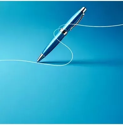 A blue metallic pen positioned diagonally on a blue surface, with a white flowing line suggesting writing and professional communication