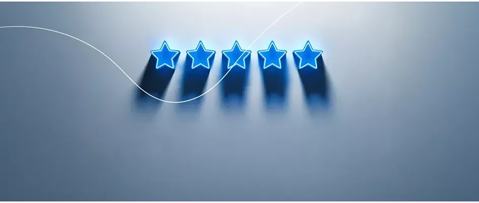 Five blue stars arranged in a row on a blue background, highlighted by a flowing white line symbolizing customer experience and brand quality.