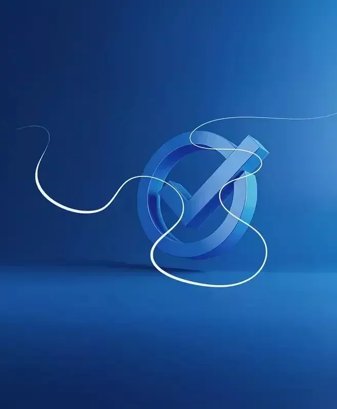 A 3D blue checkmark inside a circular frame, set against a blue gradient background with a white flowing line symbolizing validation and reliability.