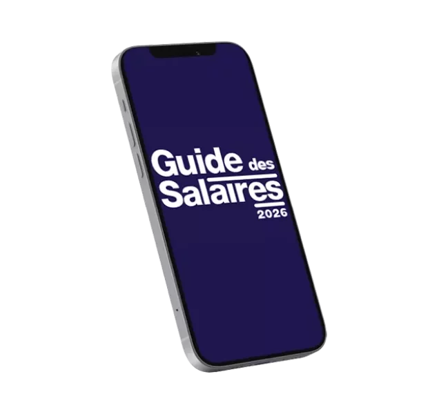 Maquette de smartphone avec l’inscription “Guide des Salaires 2026” sur fond violet.