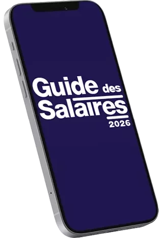 Maquette de smartphone avec écran violet affichant « Guide salarial 2026 ».