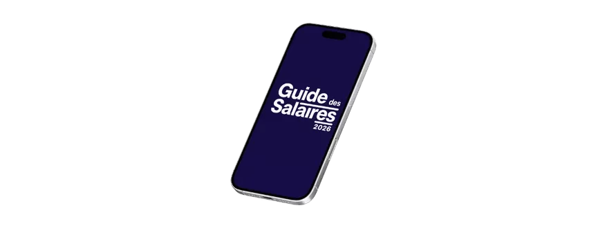 Smartphone affichant la couverture du Guide des Salaires 2026.