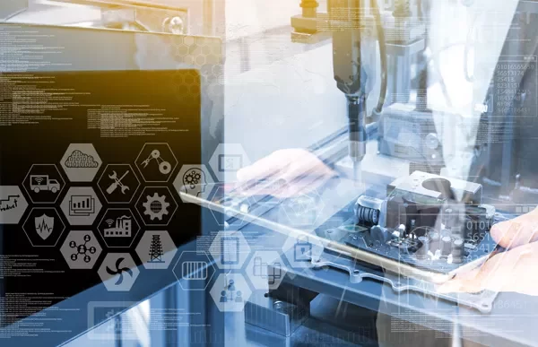 Digital interface with technology icons and a person assembling electronic components.