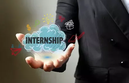 Person holding a cloud with 'Internship' text and icons like lightbulb and paper plane.
