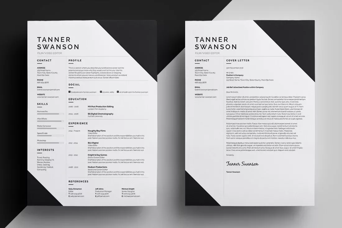 Two-page professional resume and cover letter design in black and white.