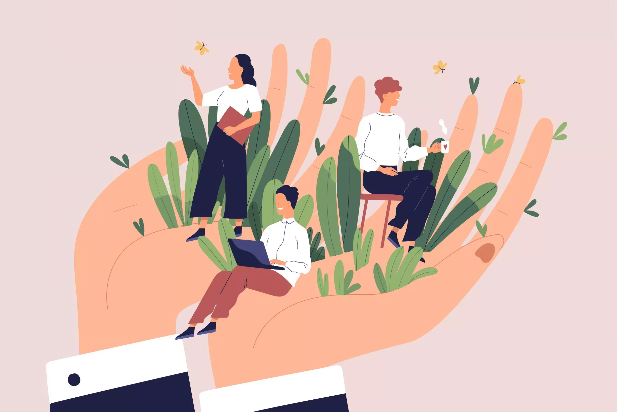 Illustration of people working in a giant hand with plants.