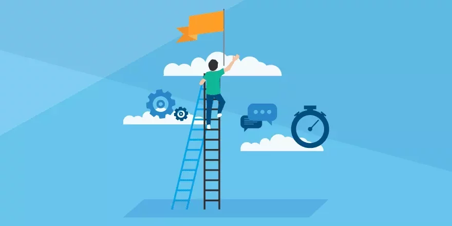 Person climbing a ladder to a flag with gears and stopwatch in the background.